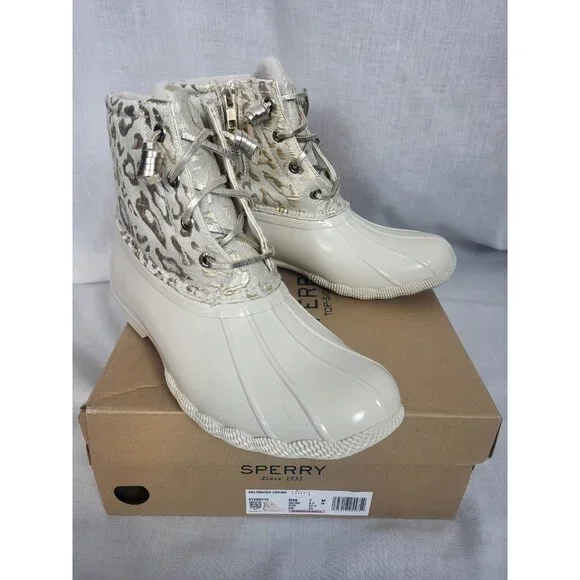NEW Sperry Saltwater Metallic Jacquard Duck Boot Womens Size 7 Cream Booties NIB - Picture 2 of 10
